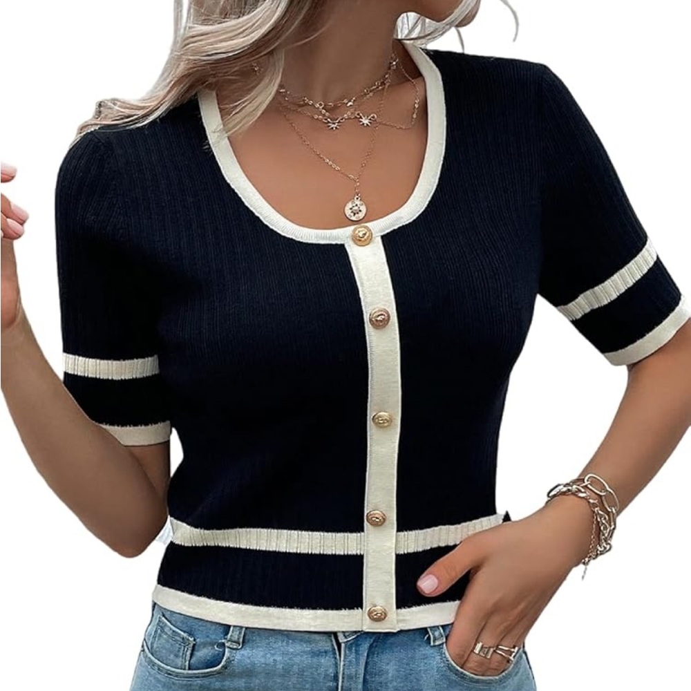 Knit Mix Black White Trim Ribbed Button Minimalist Simplistic Sweater Size S